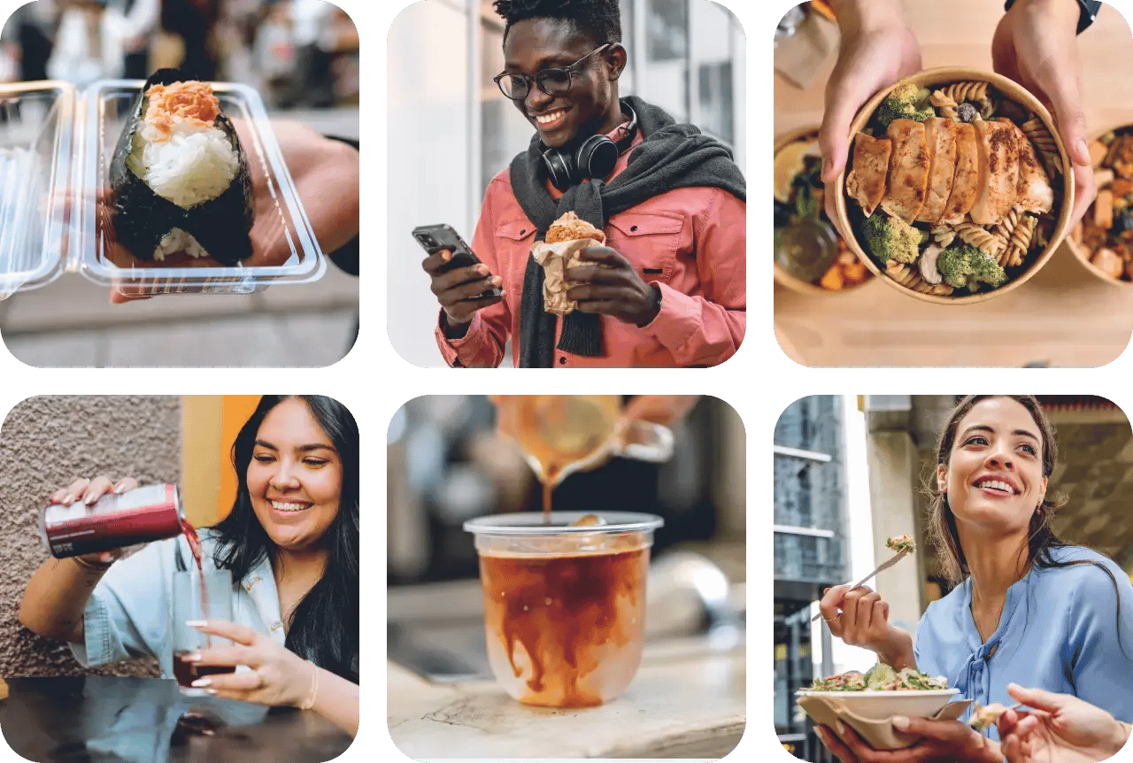 Several photos in a grid showing people enjoying grab and go style food, with images for food within containers